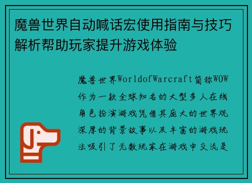 魔兽世界自动喊话宏使用指南与技巧解析帮助玩家提升游戏体验